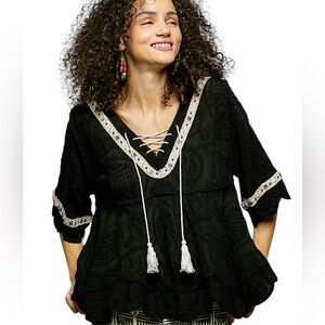 POL NWT Black Tunic with Cream Embroidered Trim and Tassels